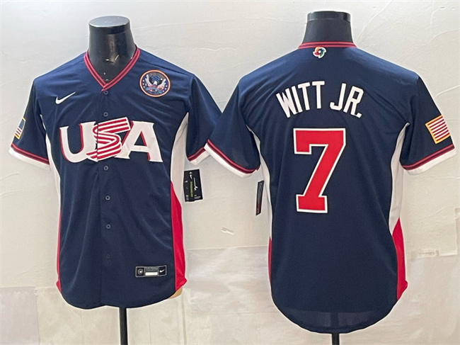 Men's USA Baseball #7 Bobby Witt Jr. Navy 2026 World Baseball Classic United States 250th Anniversary Patch Road Stadium Stitched Jersey Men's USA Baseball #7 Bobby Witt Jr. Navy 2026 World Baseball Classic United States 250th Anniversary Patch Road Stadium Stitched Jersey